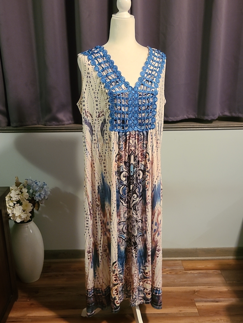 World Unity NWT Sleeveless Boho Maxi Dress with Blue Crochet V-Neck - 1X